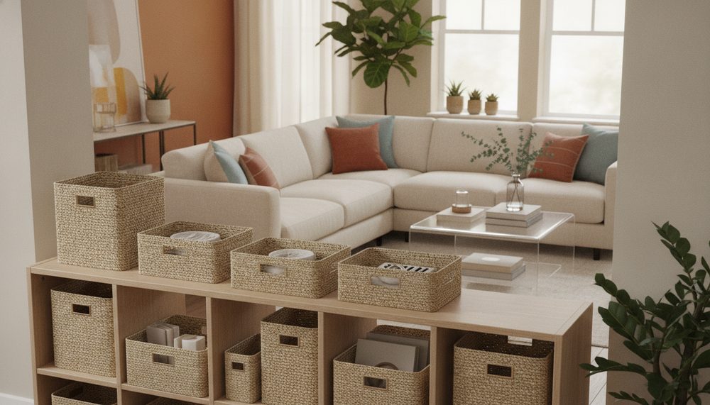 Woven mDesign storage baskets in a cube shelf unit